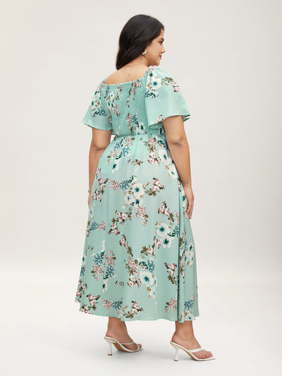 Floral Square Neck Ruffles Pocket Shirred Split Dress