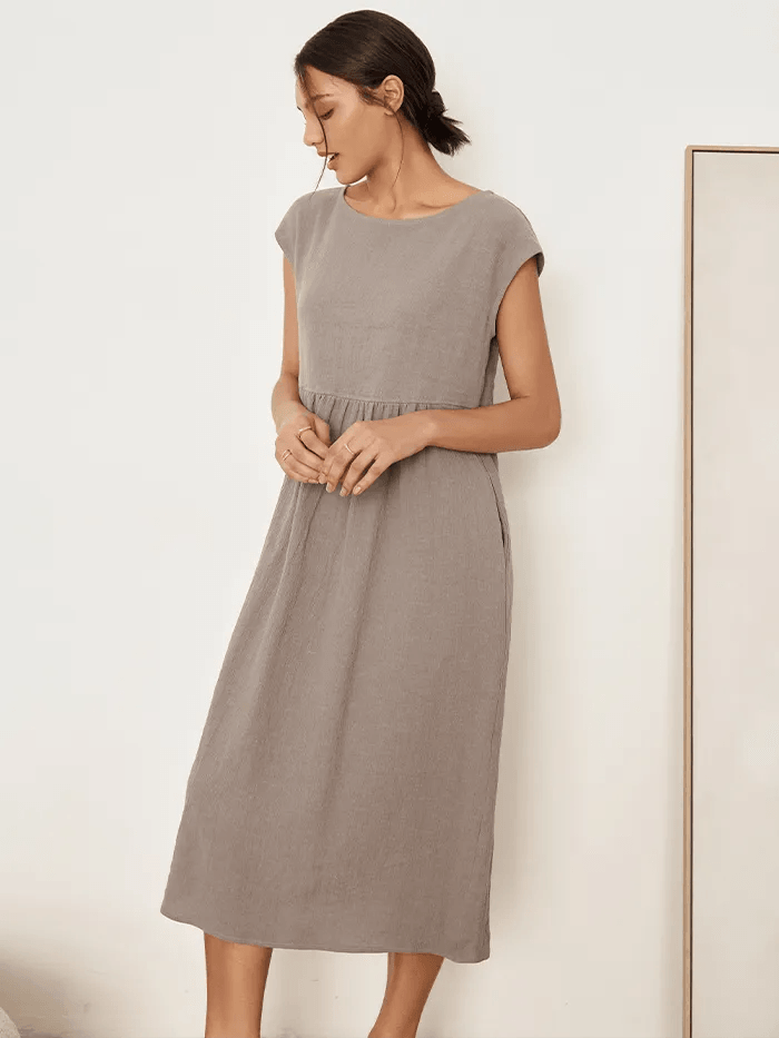 100% Linen Cap Sleeve Washed Maxi Dress JOAN