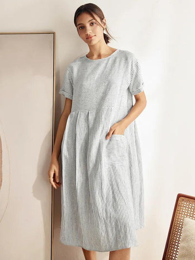 100% Linen Pinstripe Paneled Short-Sleeved Dress MORGAN
