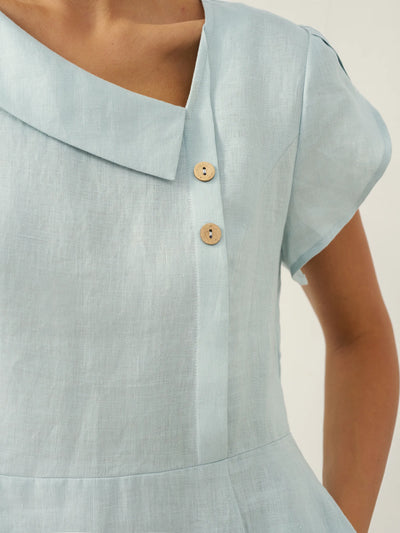 100% Linen Crescent Collar Flutter Sleeve Midi Dress FIONA