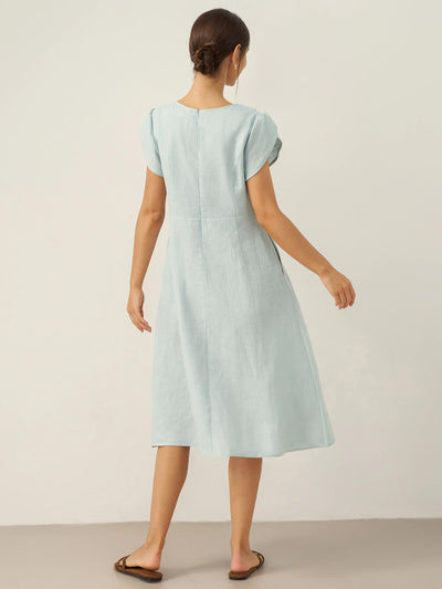100% Linen Crescent Collar Flutter Sleeve Midi Dress FIONA