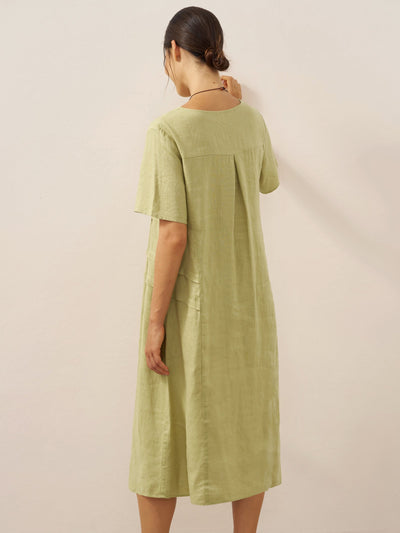 100% Linen Pleated Crew Neck Midi Dress MILA