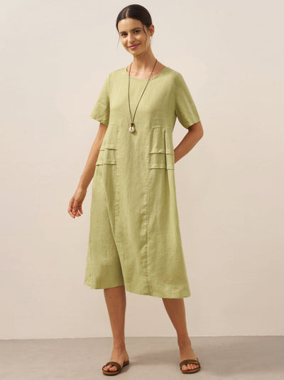 100% Linen Pleated Crew Neck Midi Dress MILA
