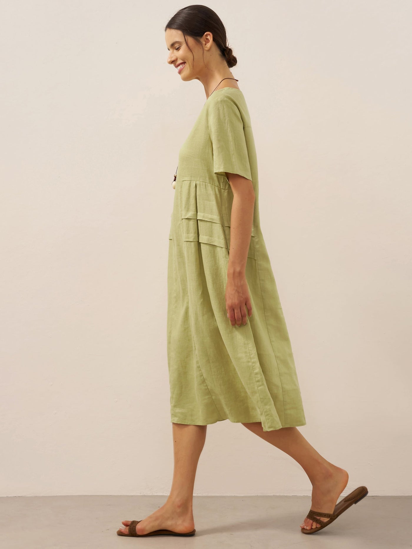 100% Linen Pleated Crew Neck Midi Dress MILA