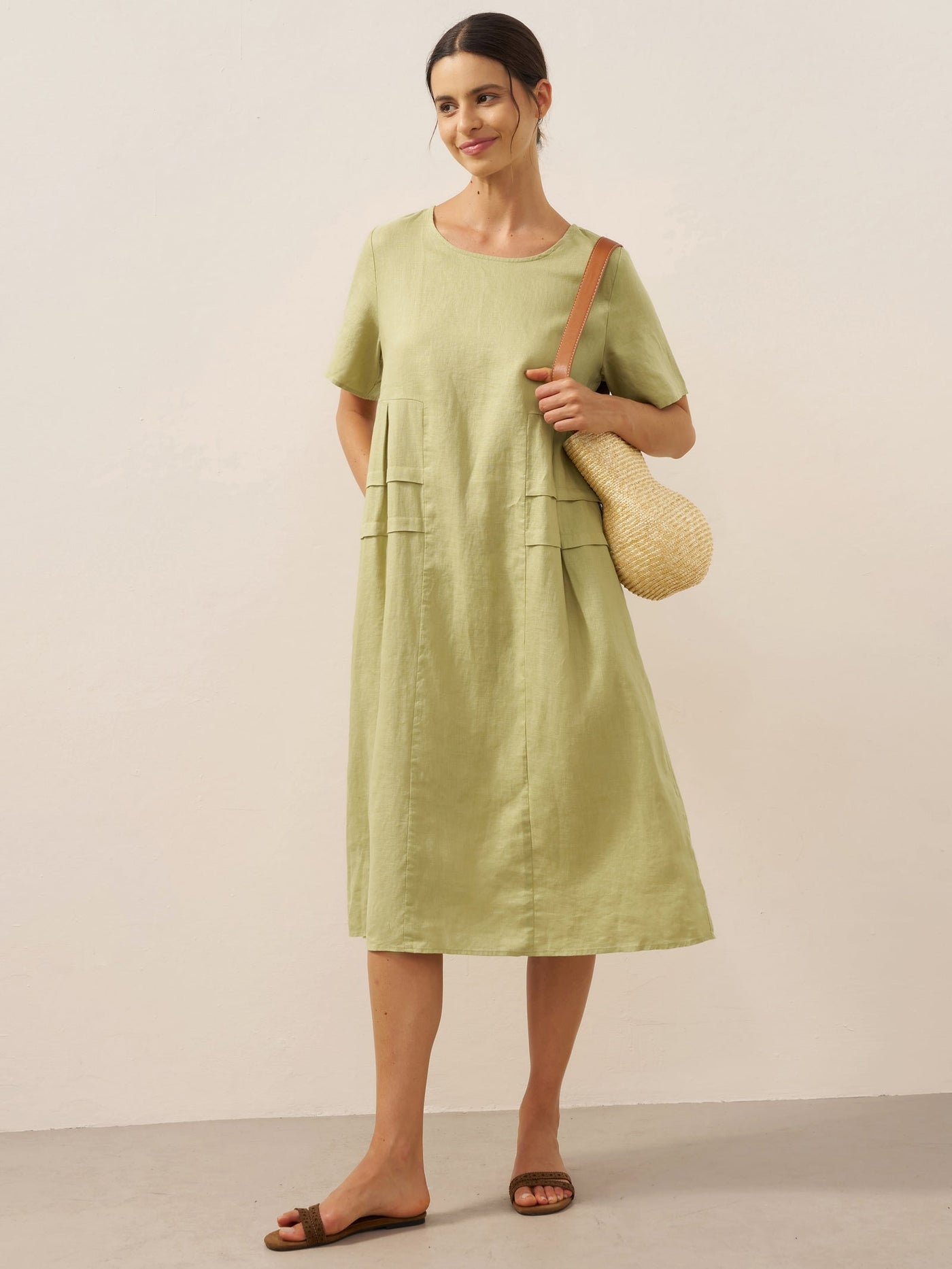 100% Linen Pleated Crew Neck Midi Dress MILA