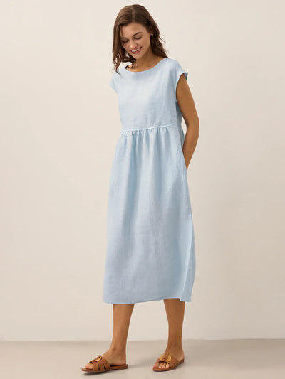 100% Linen Cap Sleeve Washed Maxi Dress JOAN