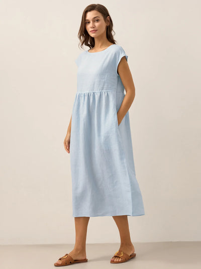 100% Linen Cap Sleeve Washed Maxi Dress JOAN