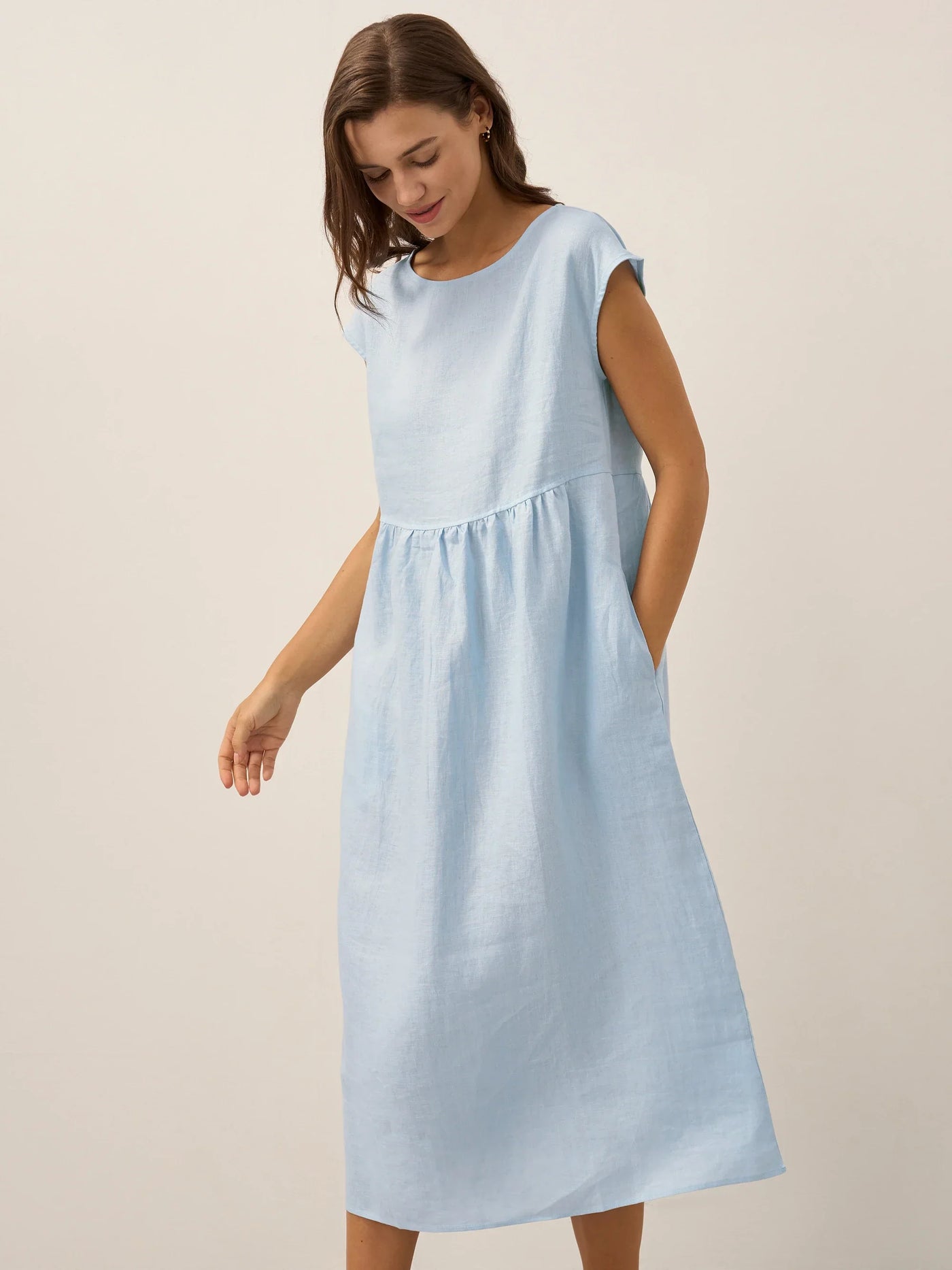 100% Linen Cap Sleeve Washed Maxi Dress JOAN