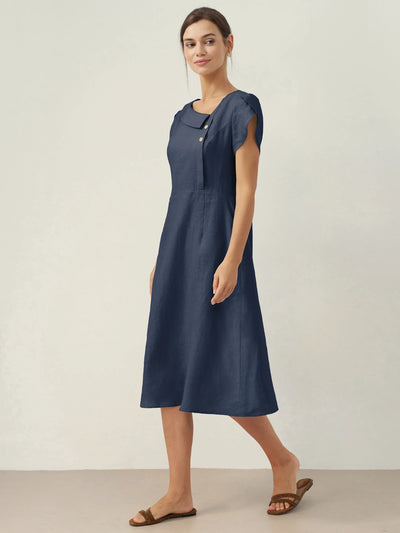 100% Linen Crescent Collar Flutter Sleeve Midi Dress FIONA