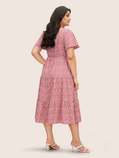 Ditsy Floral Sweetheart Drawstring Pocket Tiered Dress