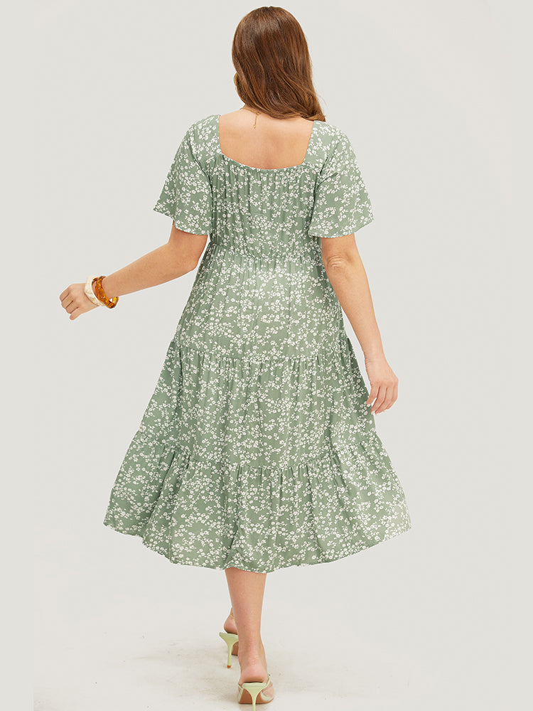 Ditsy Floral Sweetheart Drawstring Pocket Tiered Dress
