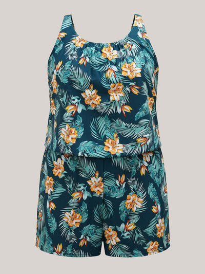 Tropical Flower Print Pockets One-Piece Swimsuit