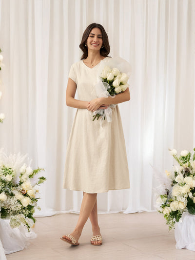 100% Linen Natural Summer V-Neck Dress ALEXA
