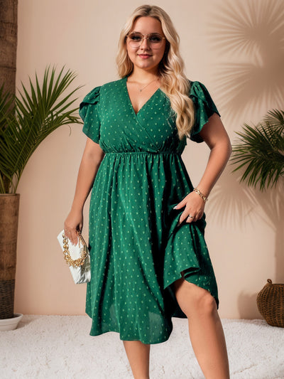 V-Neck Dark Green Tea Length Plus Size Dress