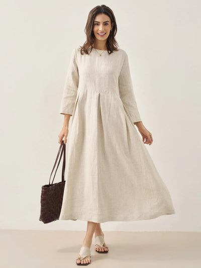 100% Linen Bateau Neck Pleated Maxi Dress ABIGAIL