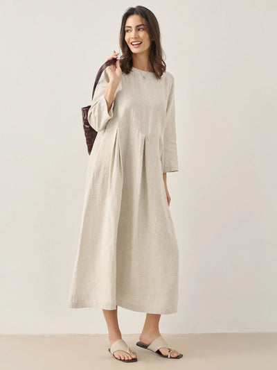 100% Linen Bateau Neck Pleated Maxi Dress ABIGAIL