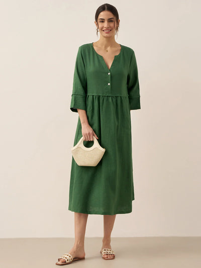 100% Linen Loose Fit Button Waist Gathered Maxi Dress LUNA