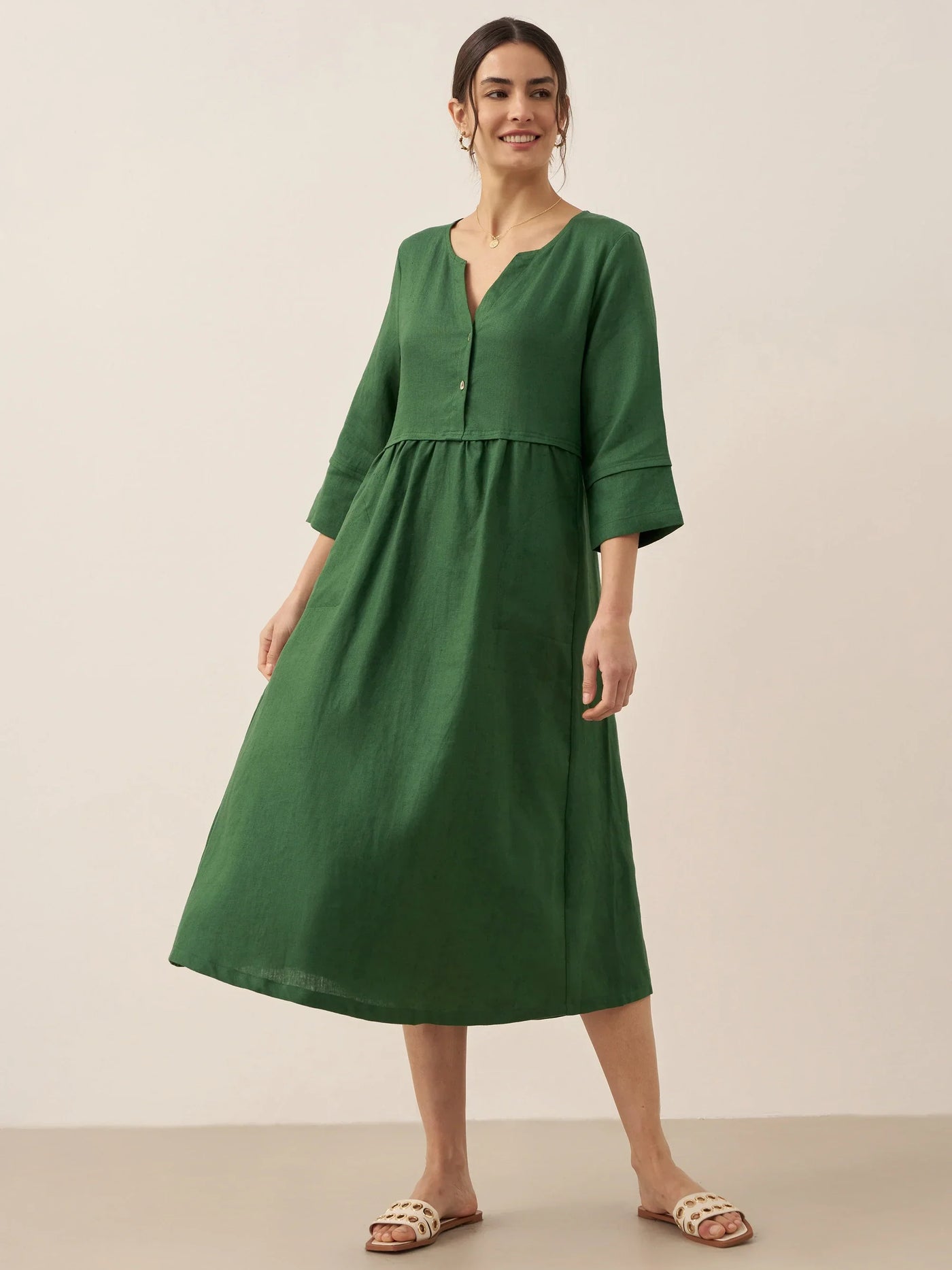 100% Linen Loose Fit Button Waist Gathered Maxi Dress LUNA