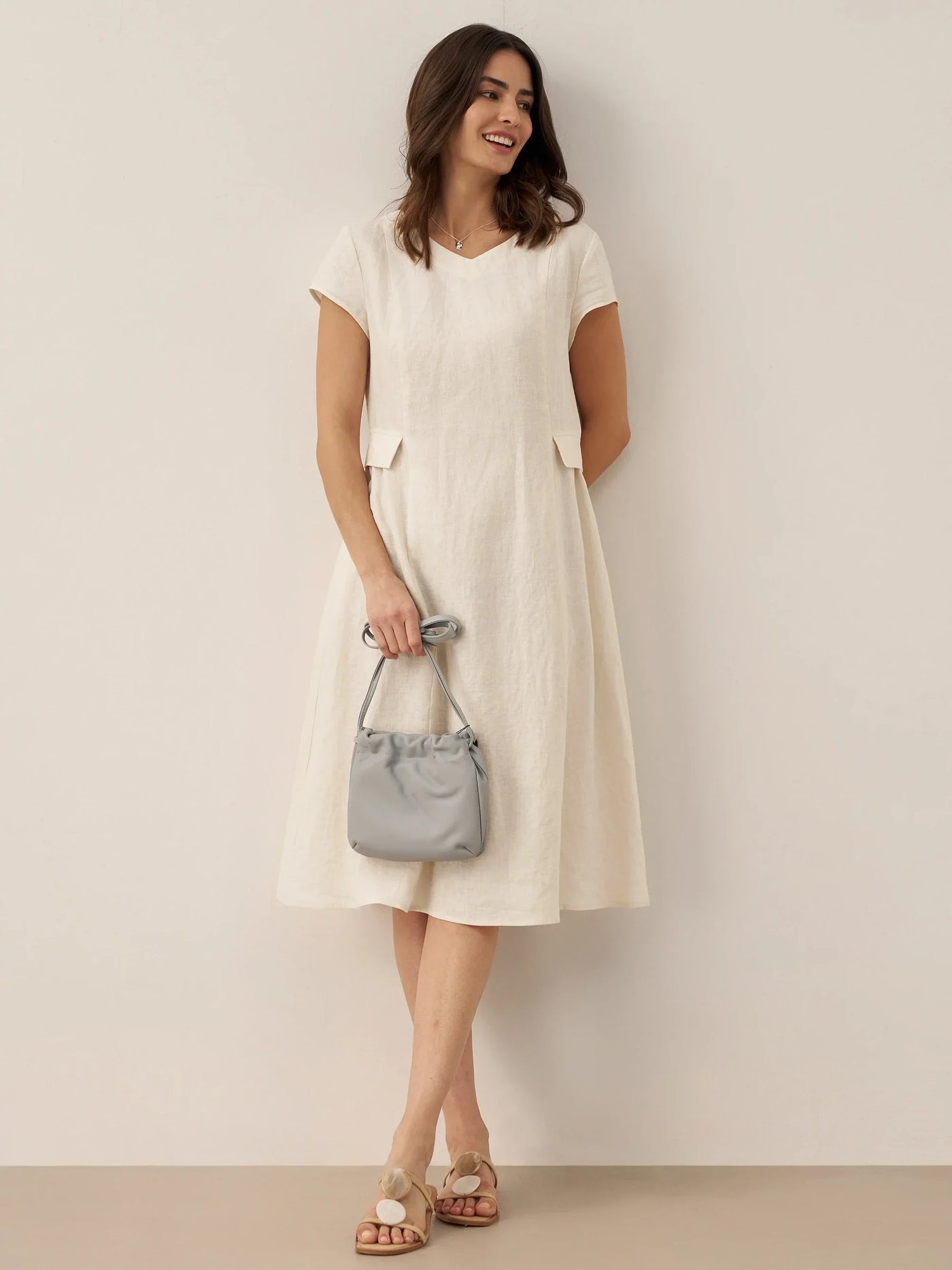 100% Linen Natural Summer V-Neck Dress ALEXA