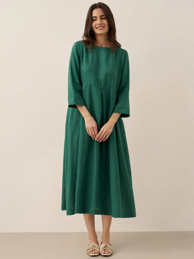 100% Linen Bateau Neck Pleated Maxi Dress ABIGAIL