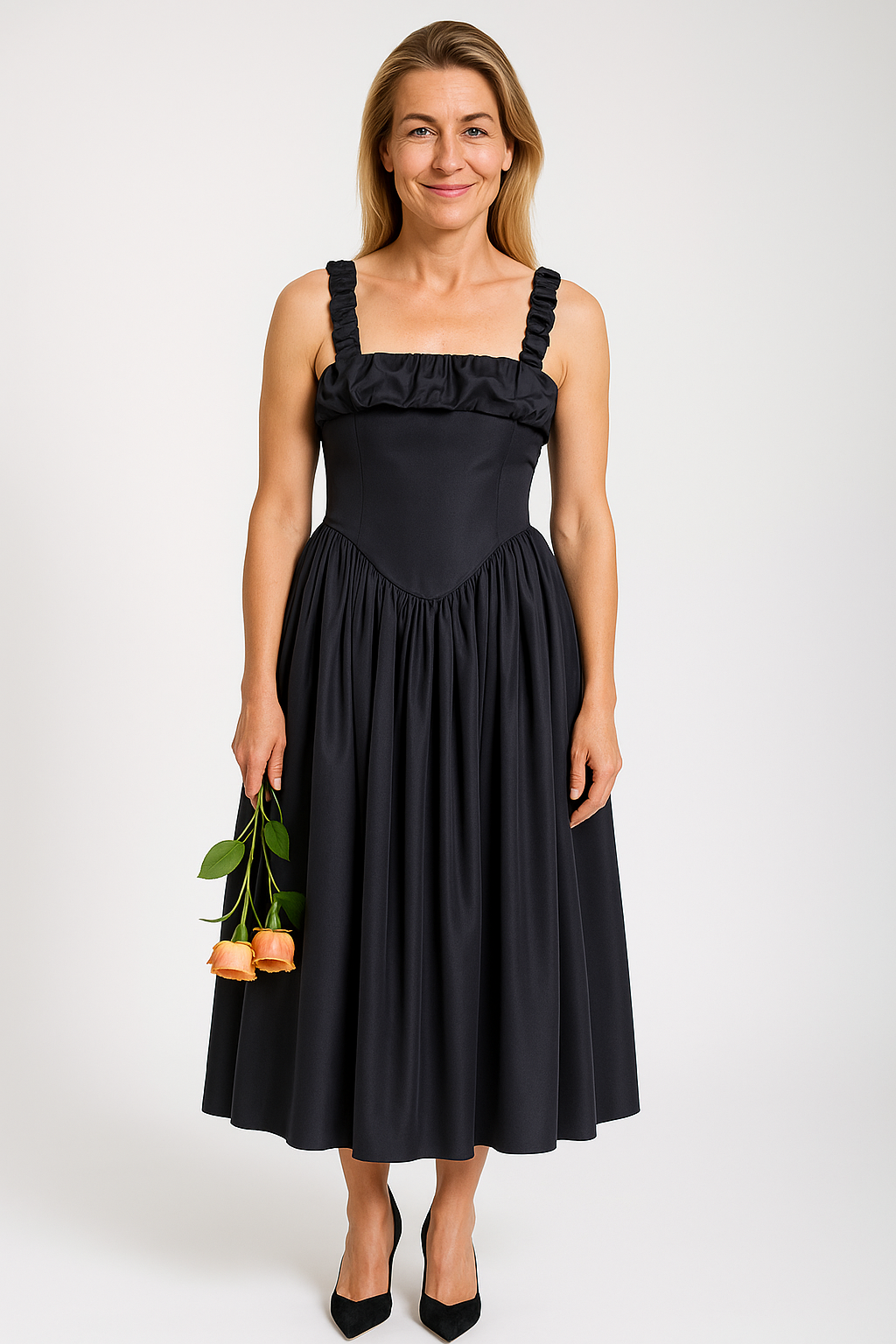 Elegant Pleated Strap Puffy Maxi Dress