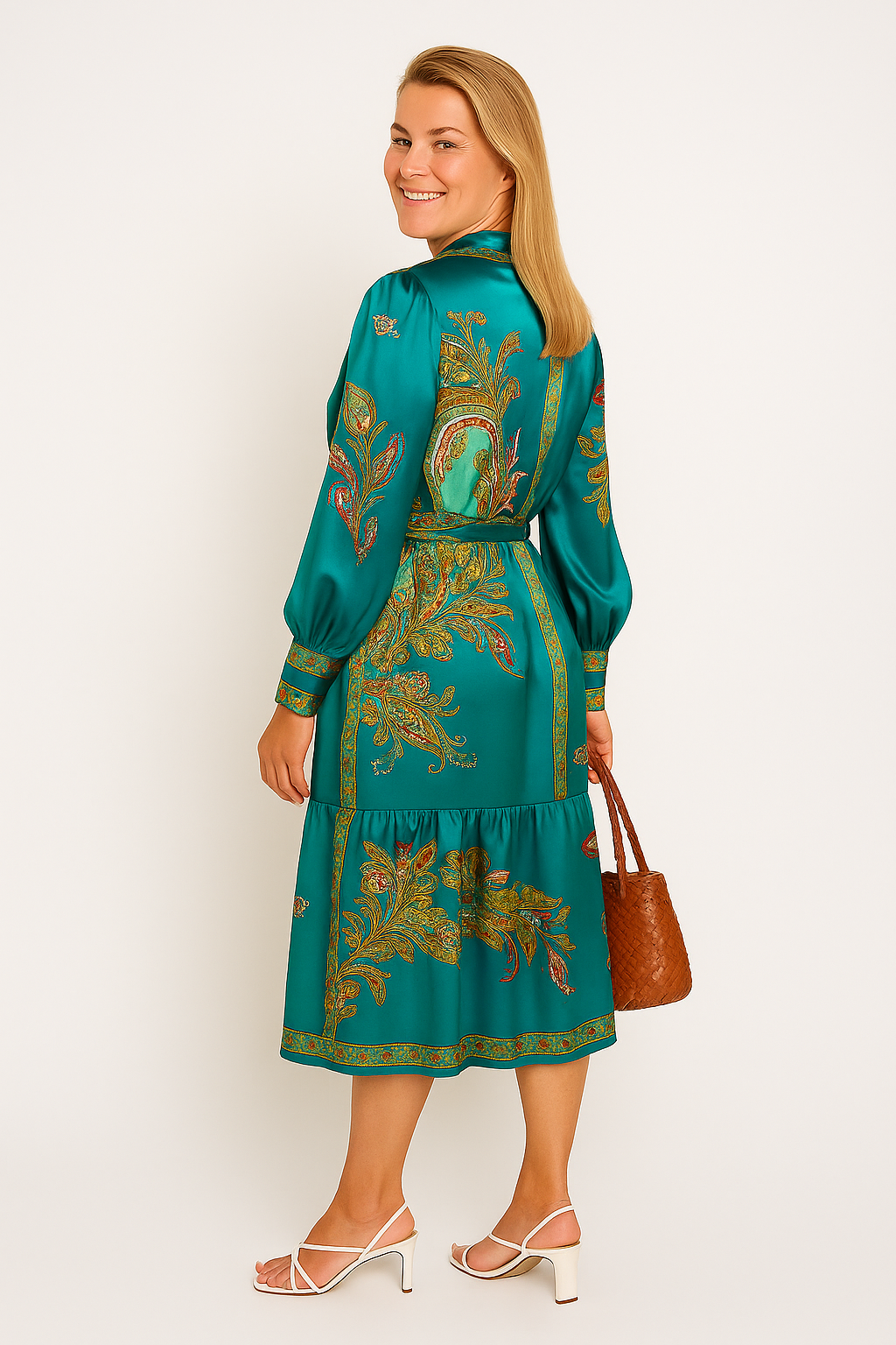 Delicate Satin Floral Print Single Breasted Midi Dress