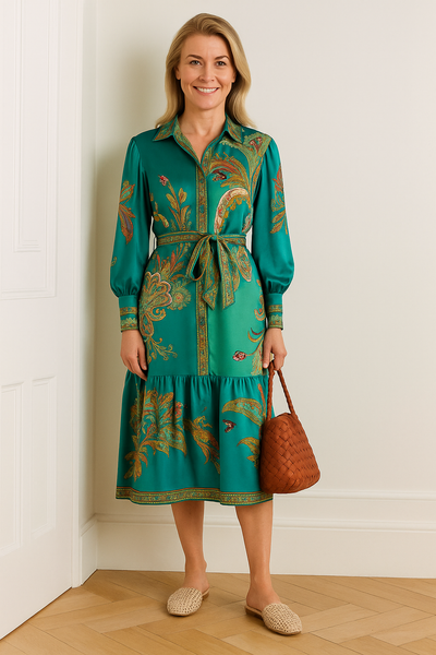 Delicate Satin Floral Print Single Breasted Midi Dress