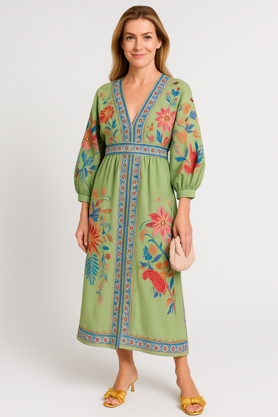 Delicate Floral V-Neck Single Breasted Midi Dress