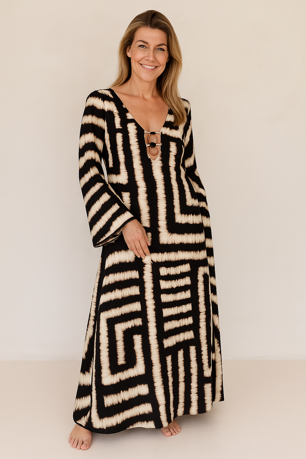 Bohemian Style Unique Printed V Tie Ring Maxi Dress