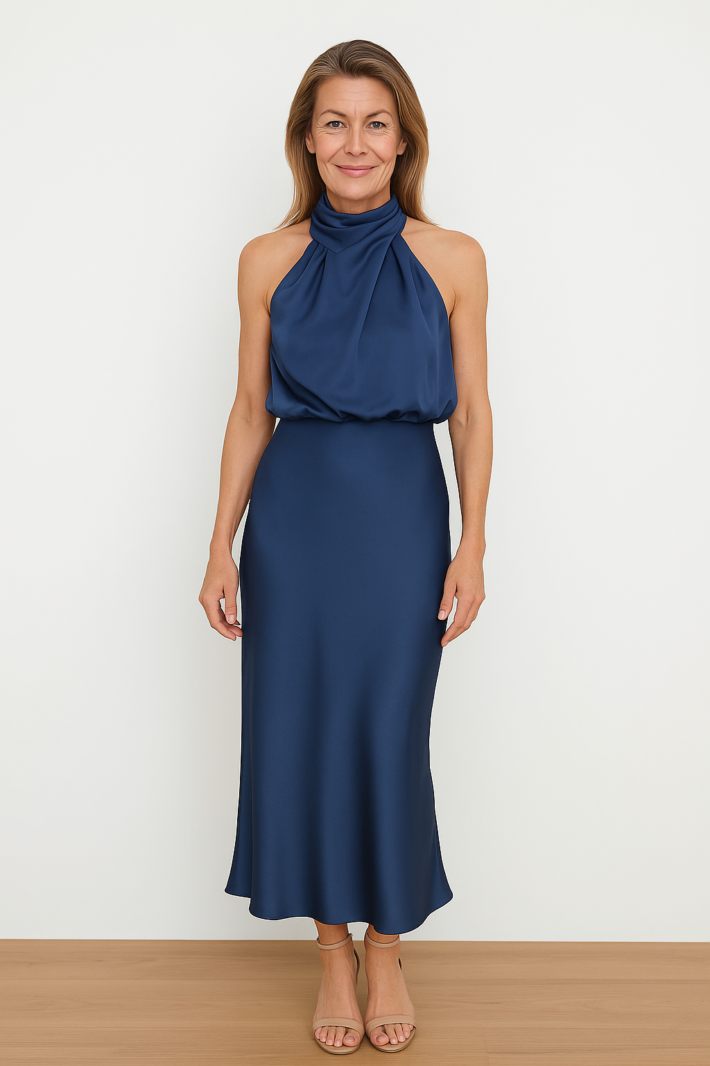 Cristina™ | Long Satin Dress with Halter Necklinev