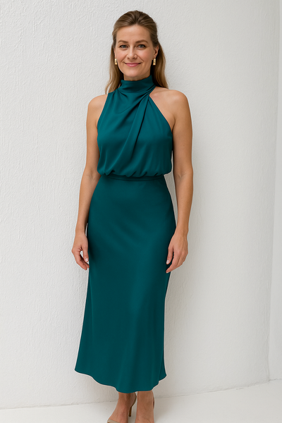 Cristina™ | Long Satin Dress with Halter Necklinev