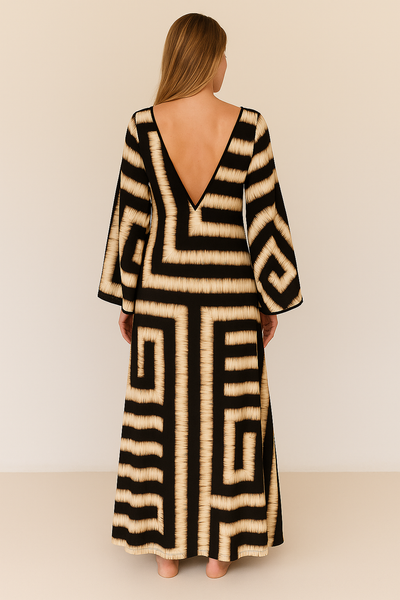 Bohemian Style Unique Printed V Tie Ring Maxi Dress