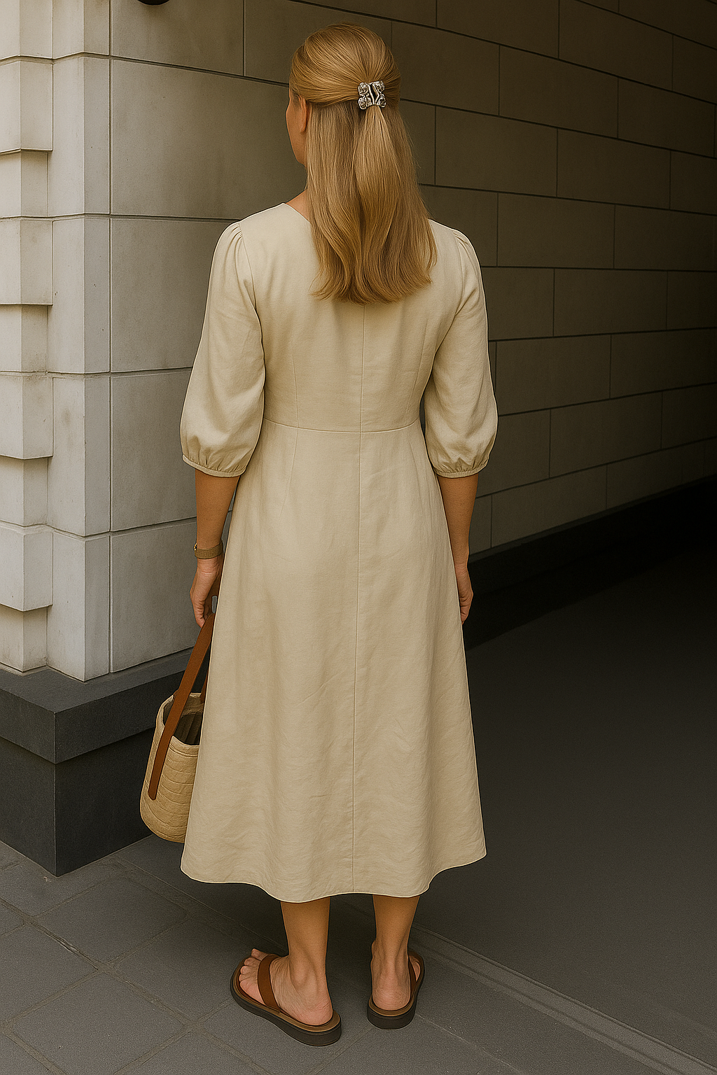 Cotton & Linen Button-Front Knotted Long Dress