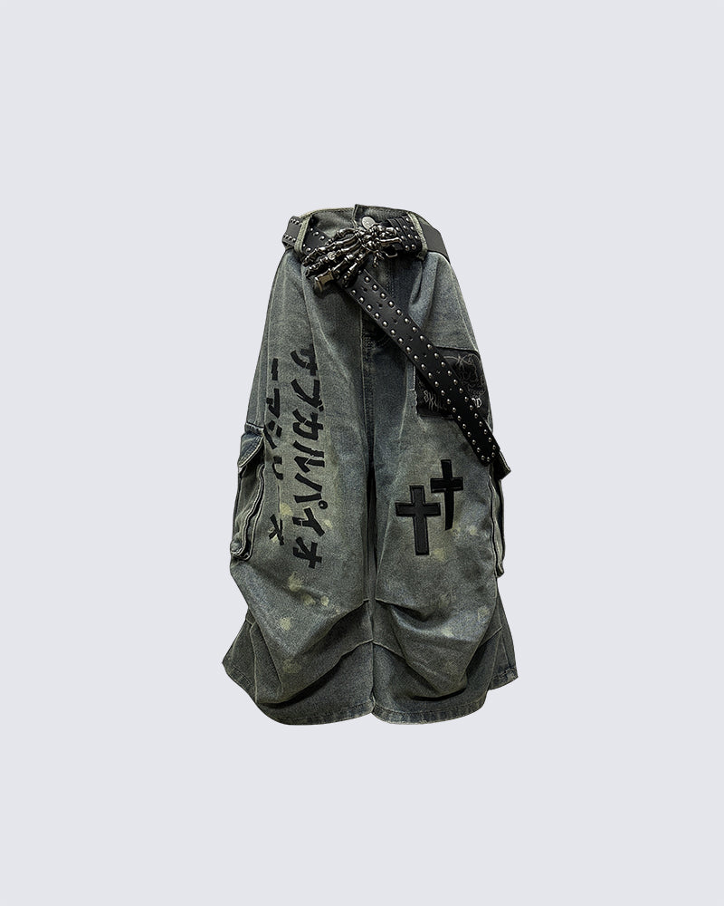 Gothic Washed Denim Shorts with Chains