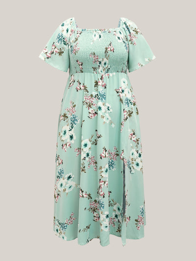 Floral Square Neck Ruffles Pocket Shirred Split Dress