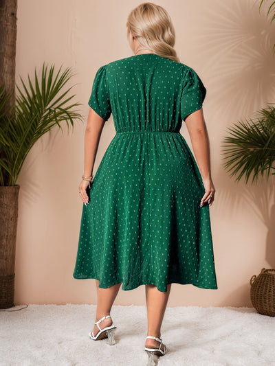 V-Neck Dark Green Tea Length Plus Size Dress