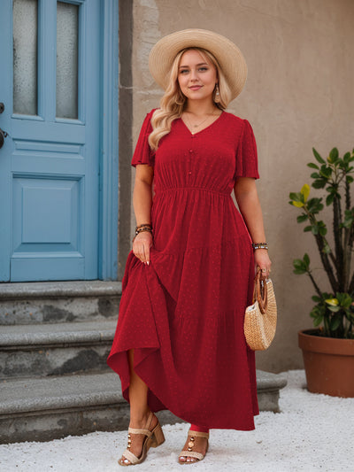 Red V-Neck Ankle Length Plus Size Dress with Belt