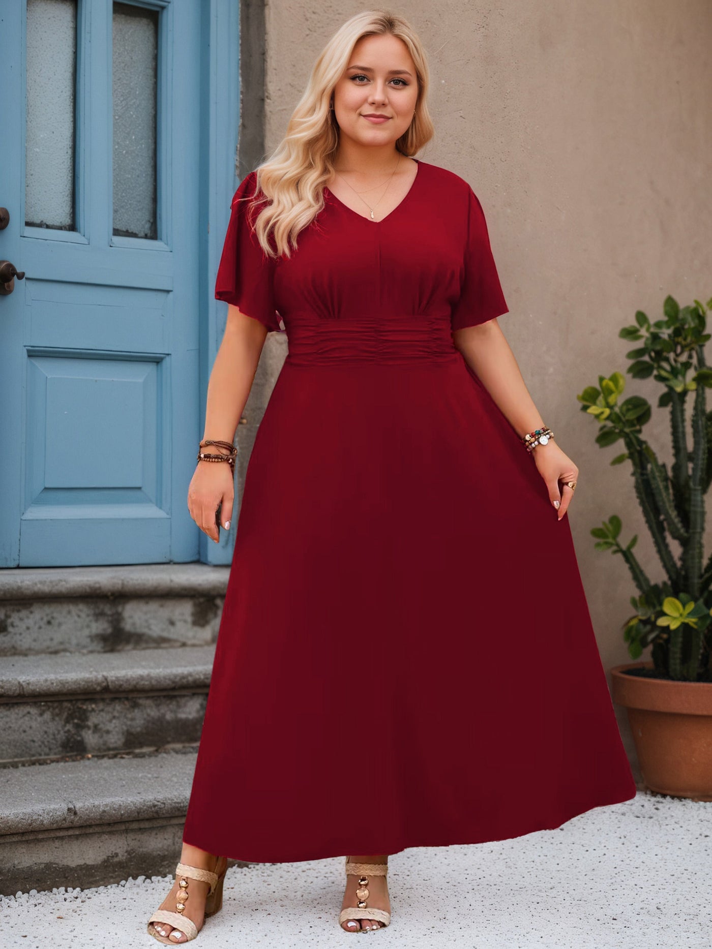 V-Neck Burgundy Ankle Length Plus Size Dress