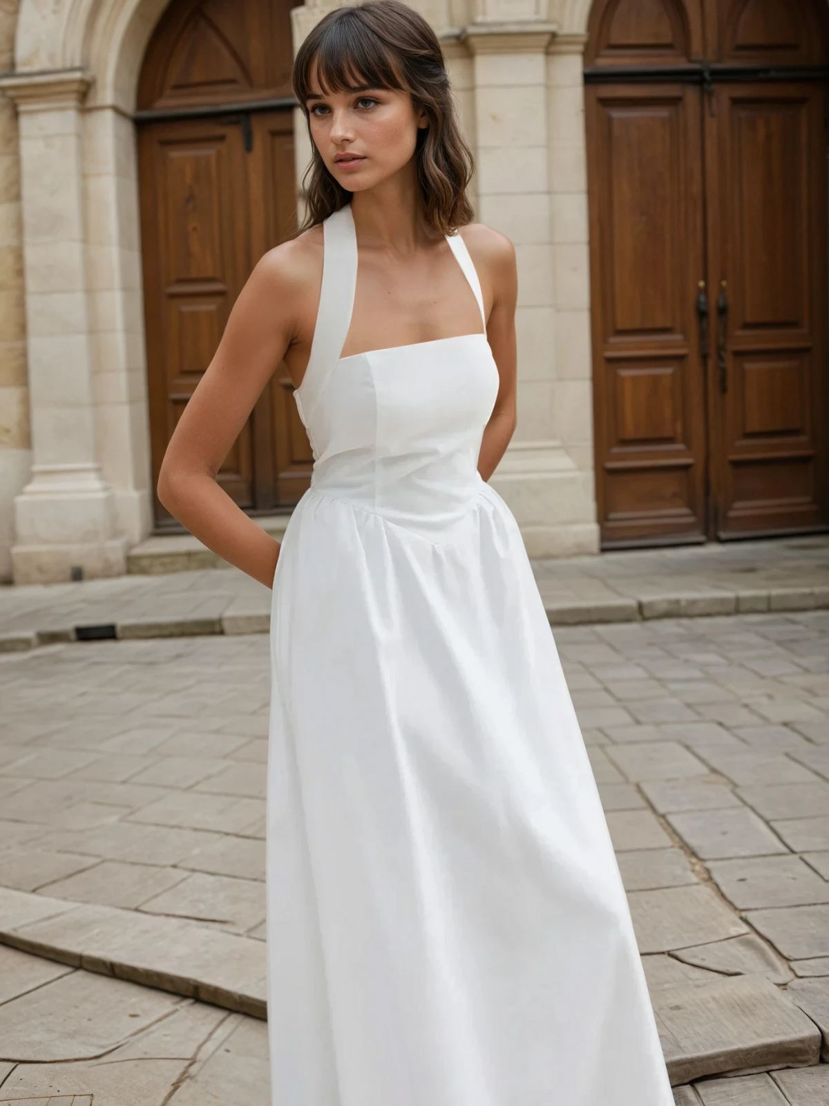 Simple and Chic Cotton & Linen Halter A Line Long Dress