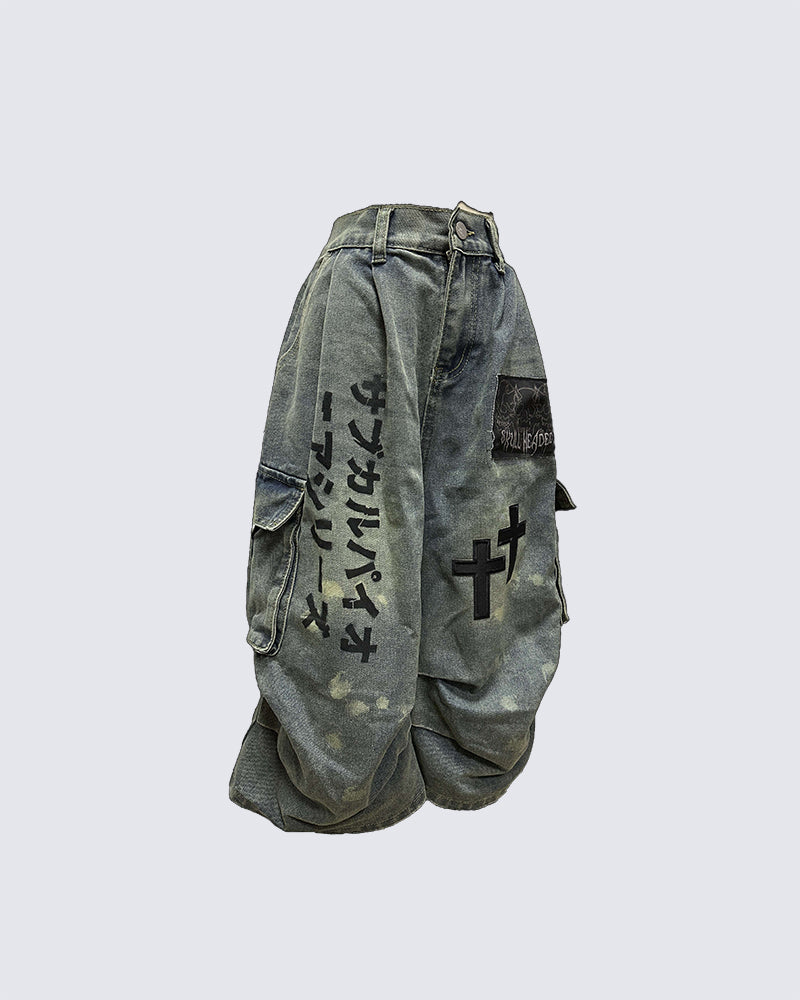 Gothic Washed Denim Shorts with Chains