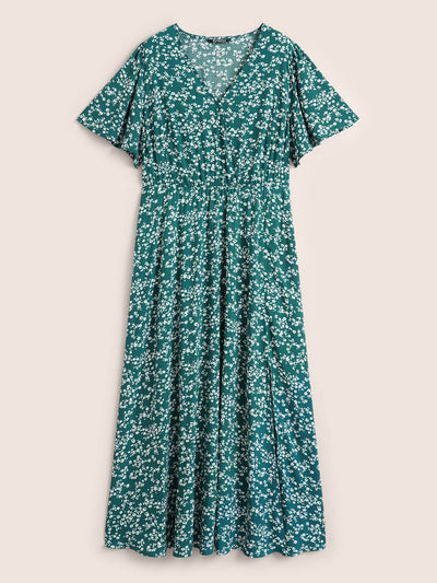 Bloom Dress - Flutter Sleeve Ditsy Floral Pocket Split Maxi Dress