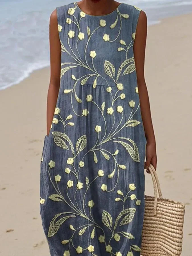 Women's sleeveless floral print dress, cotton and linen