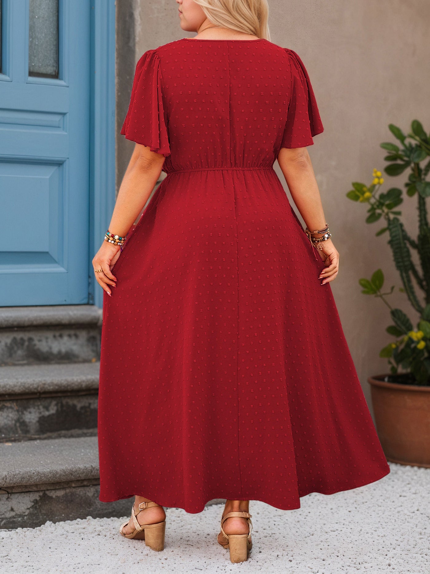 Red V-Neck Ankle Length Plus Size Dress with Belt
