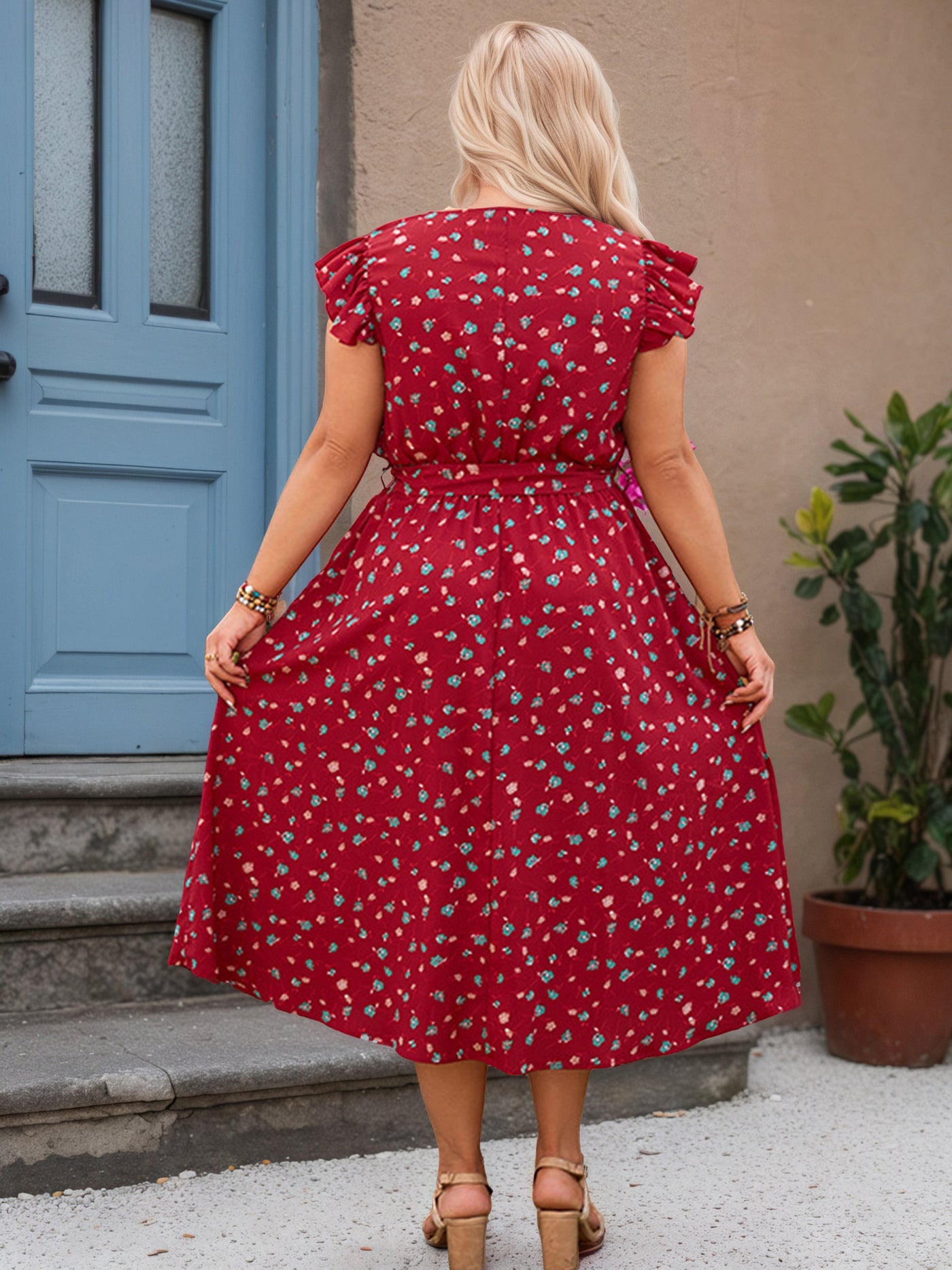Red Floral Printed Cap Sleeves Plus Size Dress