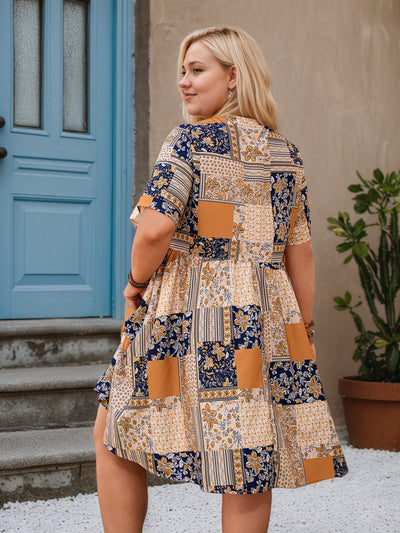 Plain Patchwork V-Neck Knee Length Plus Size Dress