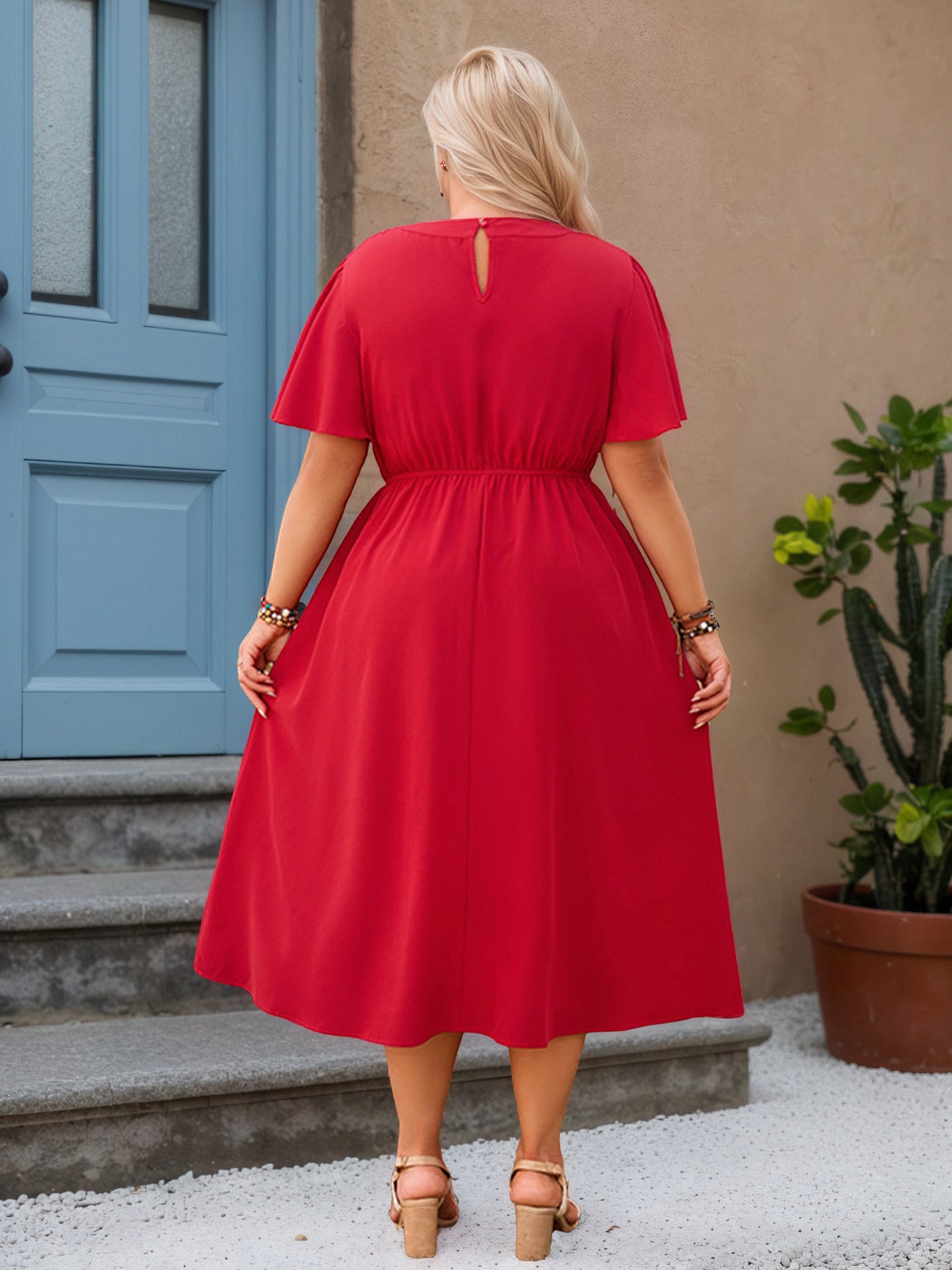 Ruffle Half Sleeves Red Tea Length Plus Size Dress with Belt