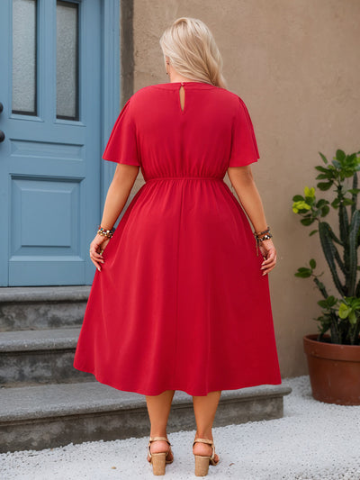 Ruffle Half Sleeves Red Tea Length Plus Size Dress with Belt