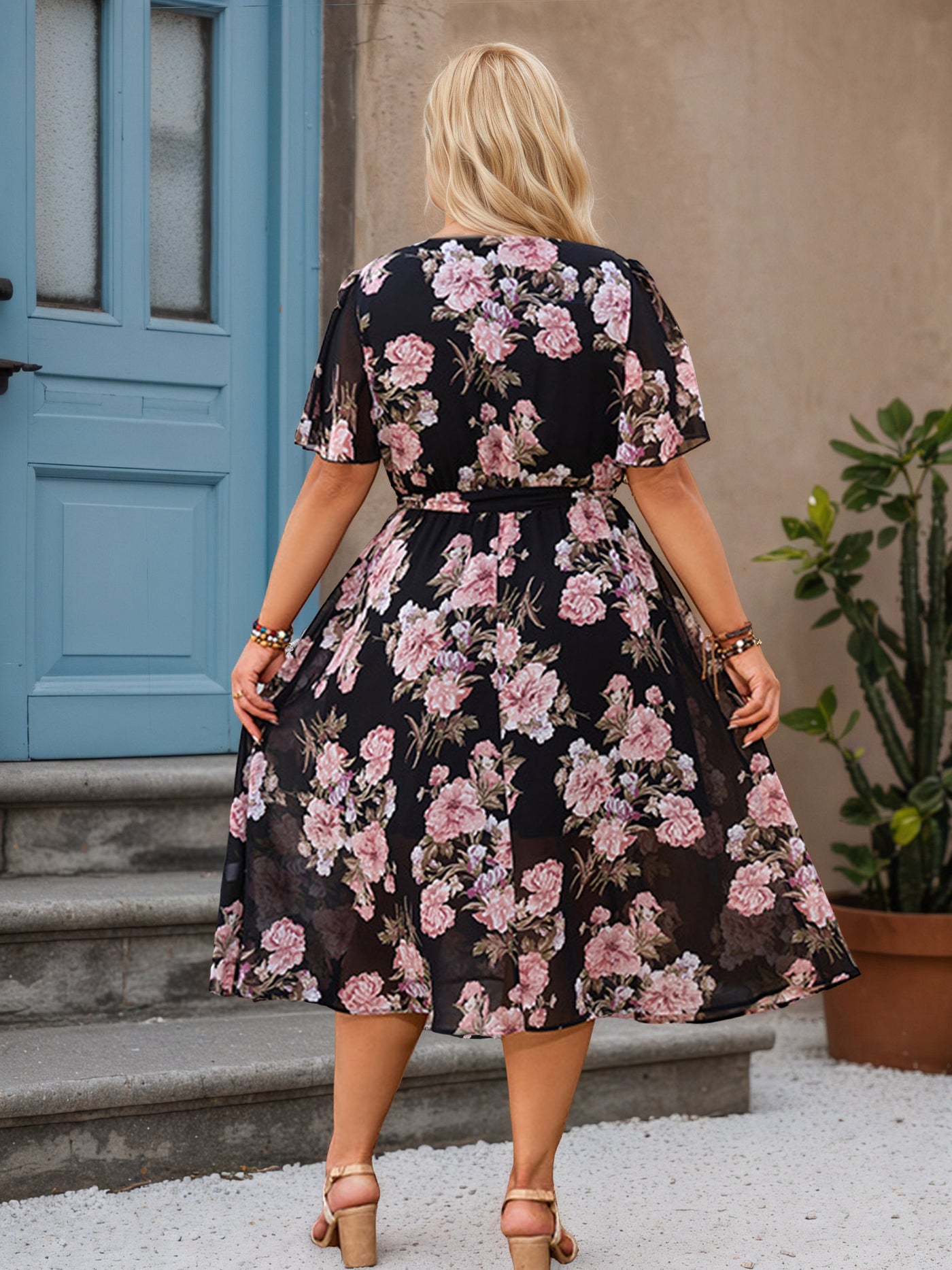 Black V-Neck Floral Plus Size Dress