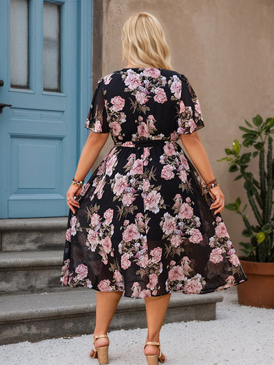 Black V-Neck Floral Plus Size Dress
