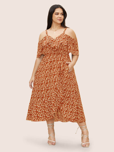 Ditsy Floral Pocket Wrap Cold Shoulder Ruffle Dress